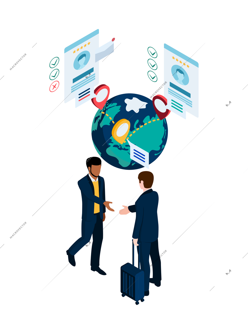 Recruiting concept with two men from different countries 3d isometric vector illustration