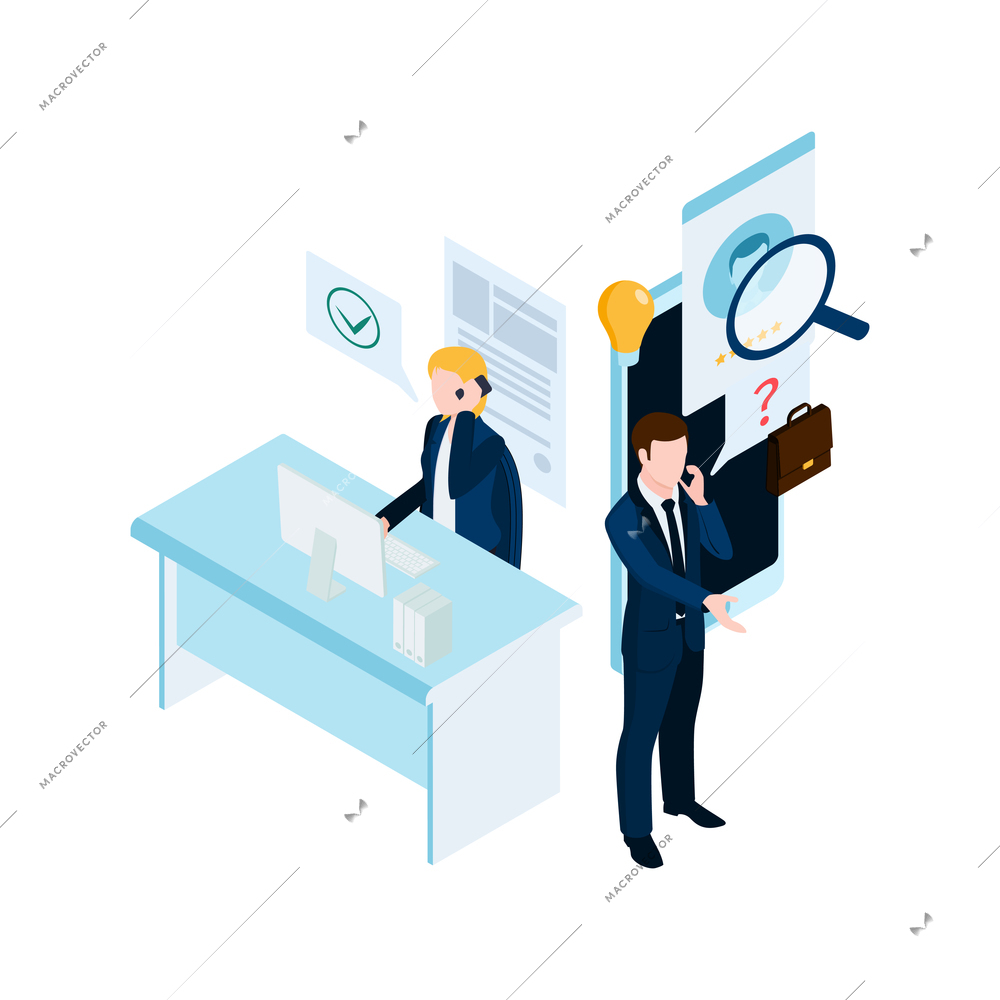 Recruiting isometric concept with two managers talking on phone 3d vector illustration