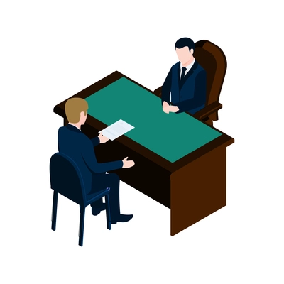 Interview with man at recruiting agency 3d isometric vector illustration