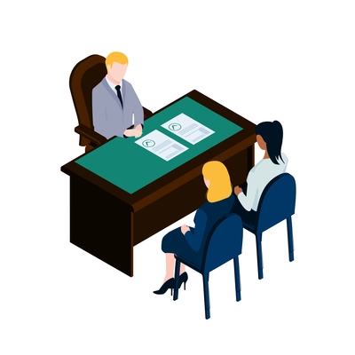 Recruiting agent talking to two women applicants 3d isometric vector illustration