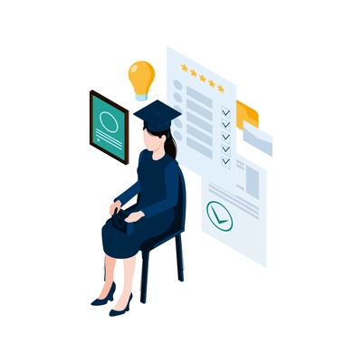 Woman in graduation cap at recruiting agency 3d isometric vector illustration