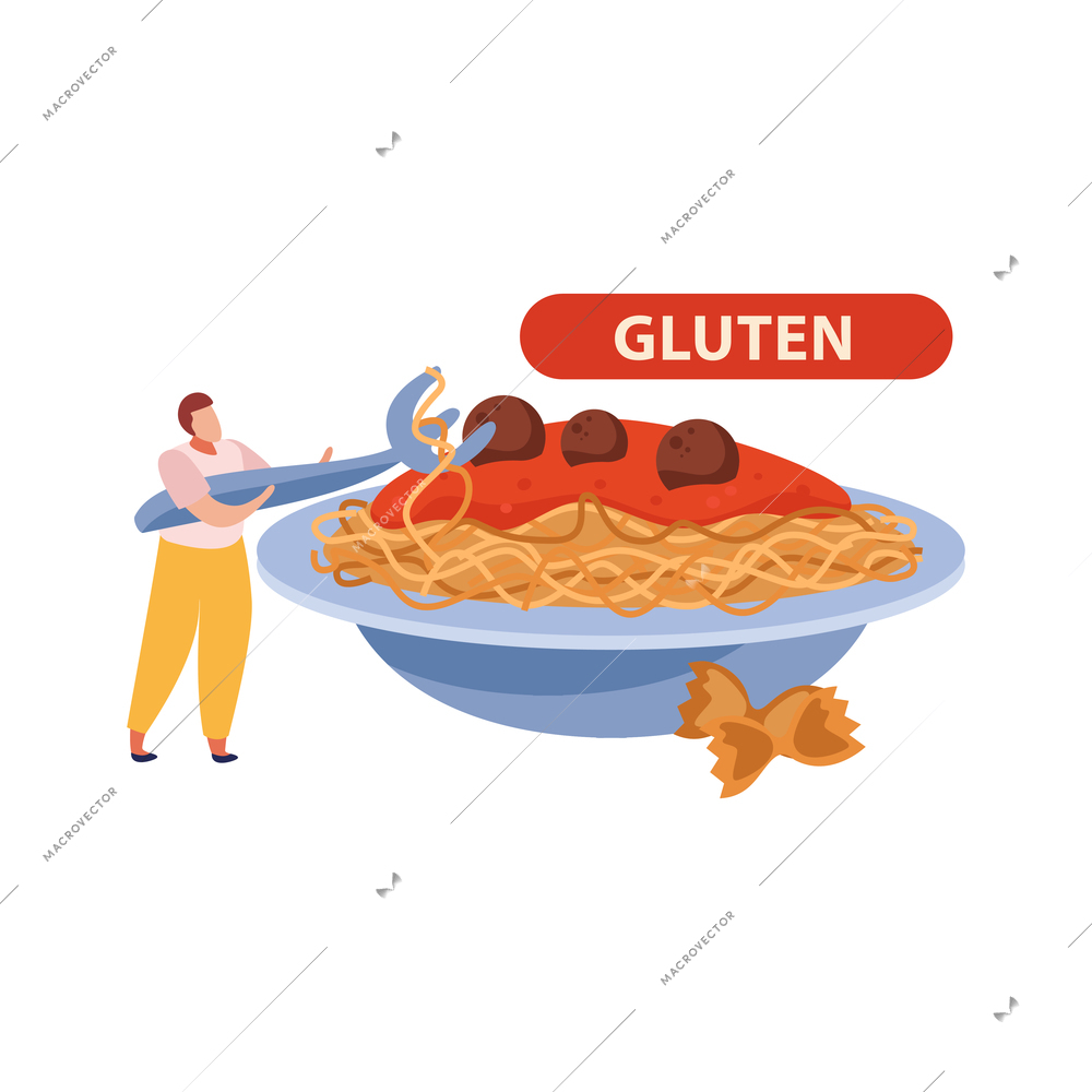 Gluten intolerance flat concept with man and plate of pasta vector illustration