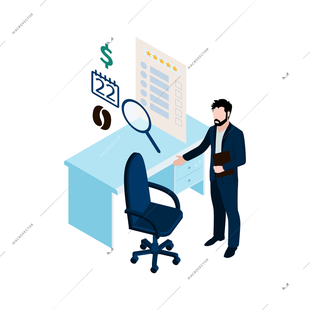 Recruiting manager in his office 3d isometric vector illustration