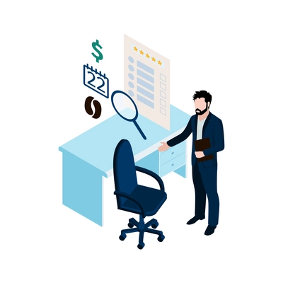 Recruiting manager in his office 3d isometric vector illustration