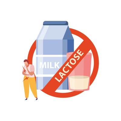 Milk and lactose intolerant person on white background flat vector illustration