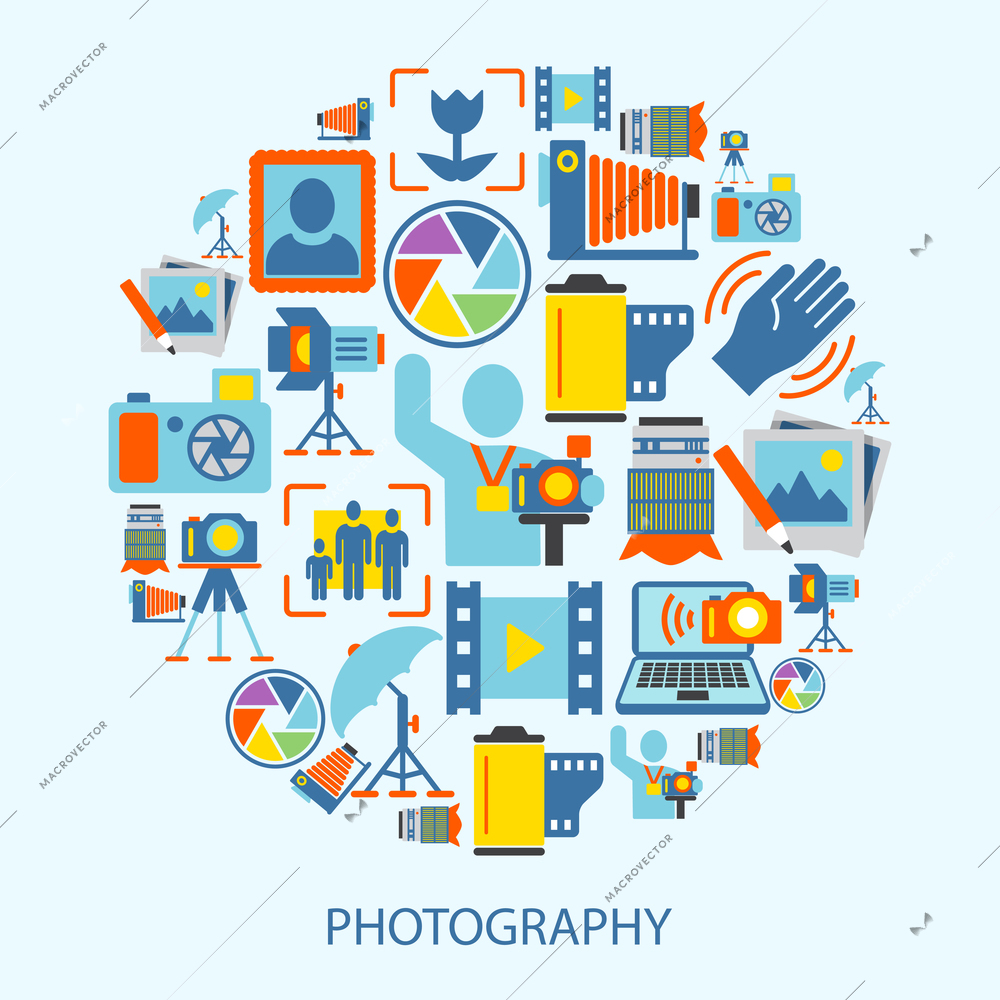 Photography photo equipment mode studio editing decorative icons flat vector illustration