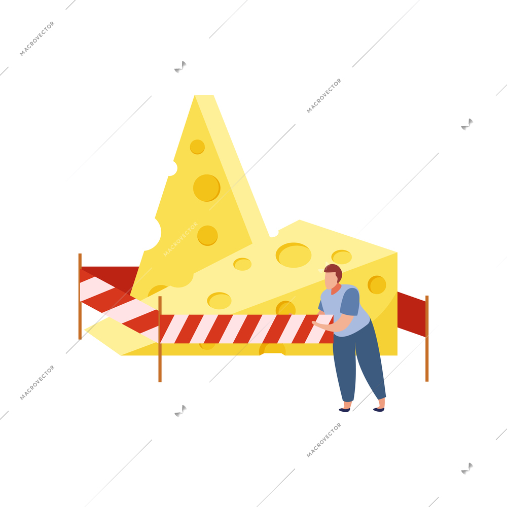 Lactose intolerant man and two pieces of cheese flat vector illustration