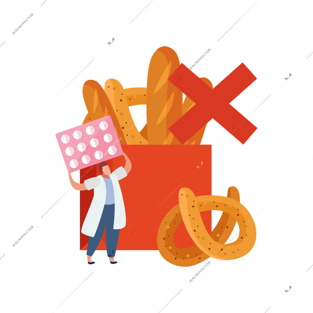 Gluten intolerance concept with prohibited products and man holding pills flat vector illustration