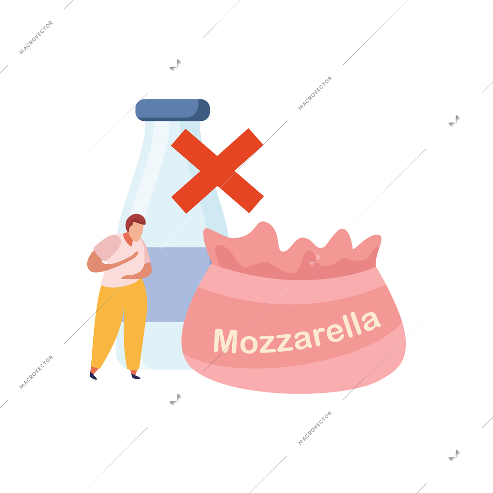 Man with lactose intolerance and prohibited dairy products flat vector illustration