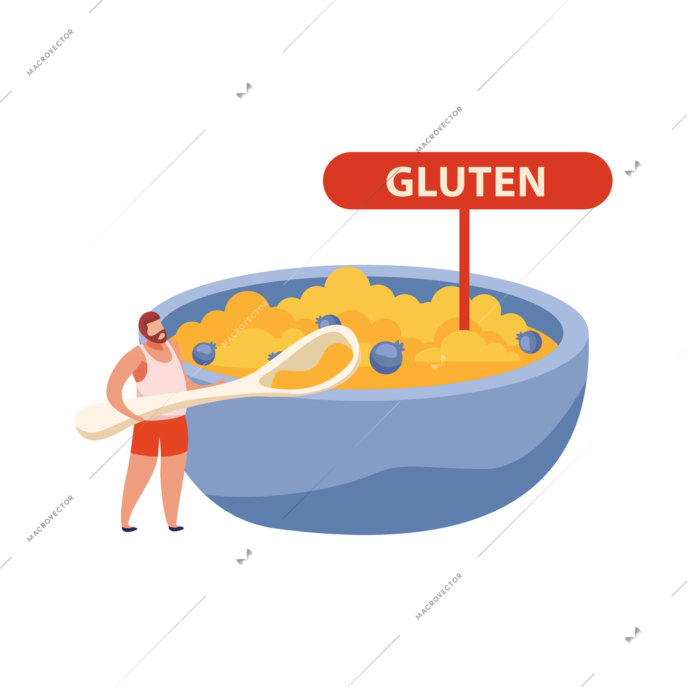 Bowl of gluten porridge and human character with spoon flat vector illustration