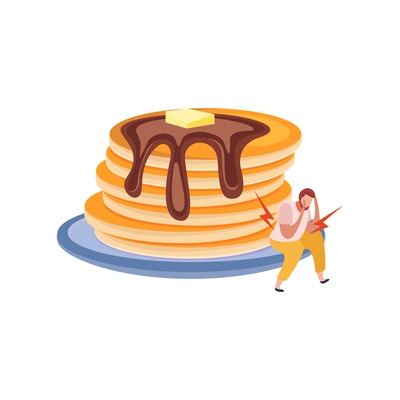 Plate with pancakes and man with gluten intolerance feeling sick flat vector illustration