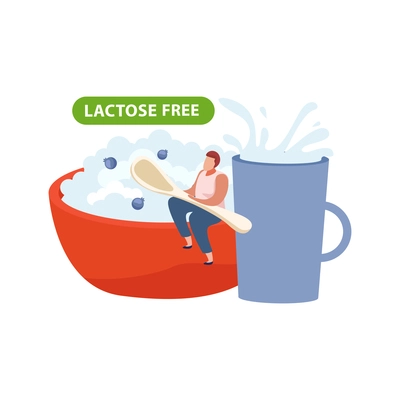 Lactose free dairy products and man with spoon flat vector illustration