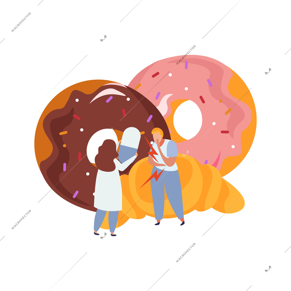 Flat gluten intolerance concept with two people donuts and croissant vector illustration