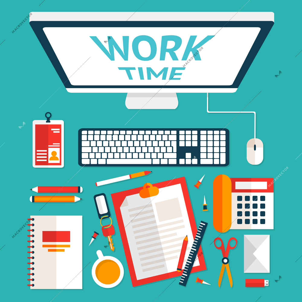 Top view on classic office workplace desk with computer and stationery vector illustration