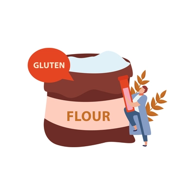 Gluten intolerance with bag of flour and human character flat vector illustration