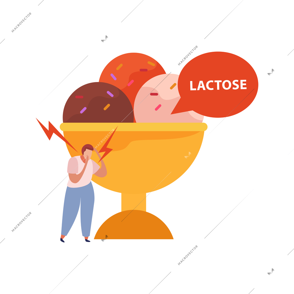 Ice cream and man feeling bad because of lactose intolerance flat vector illustration