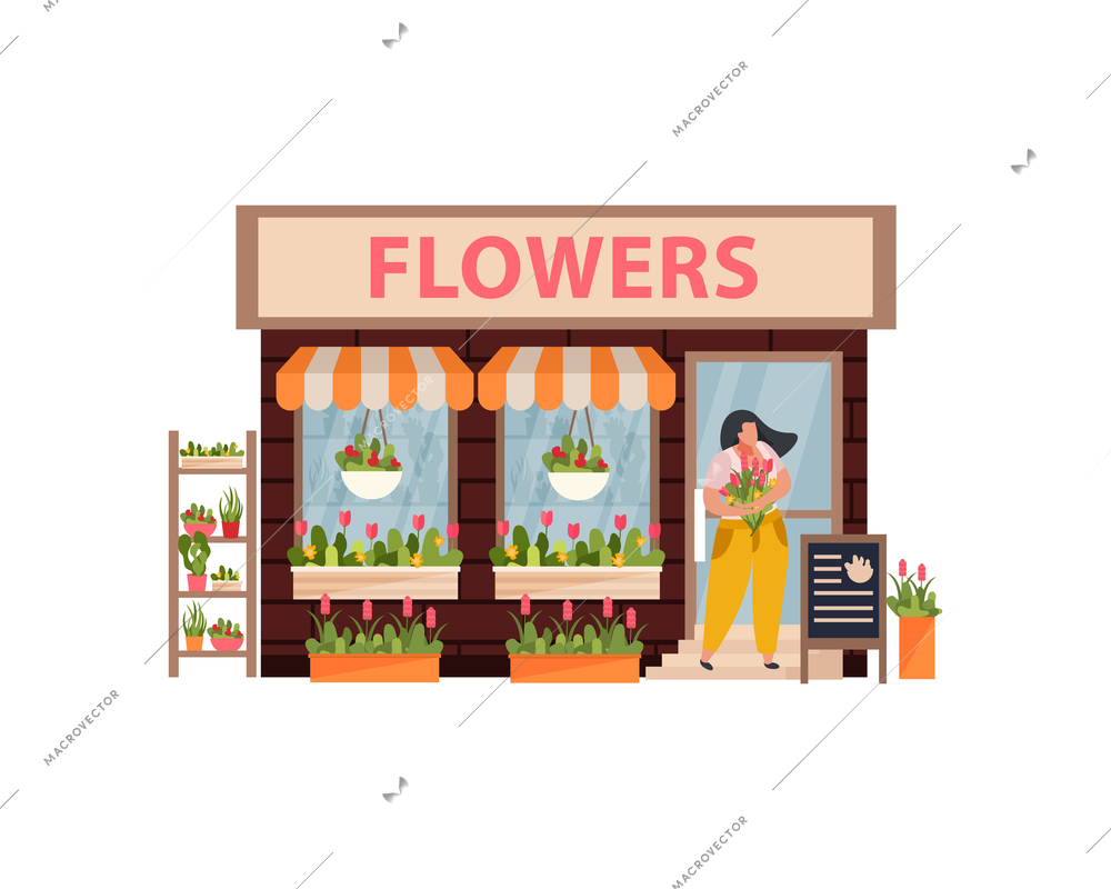 Small flowers shop flat concept with woman seller vector illustration