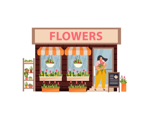 Small flowers shop flat concept with woman seller vector illustration