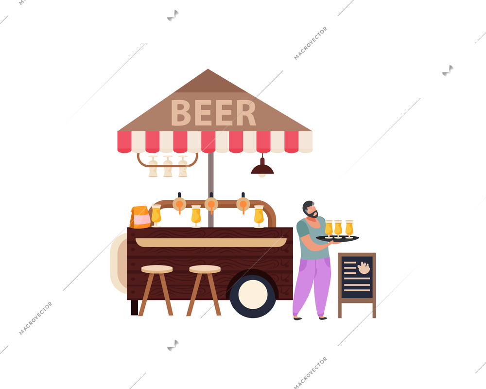 Beer on tap small business concept with man holding tray with glasses flat vector illustration