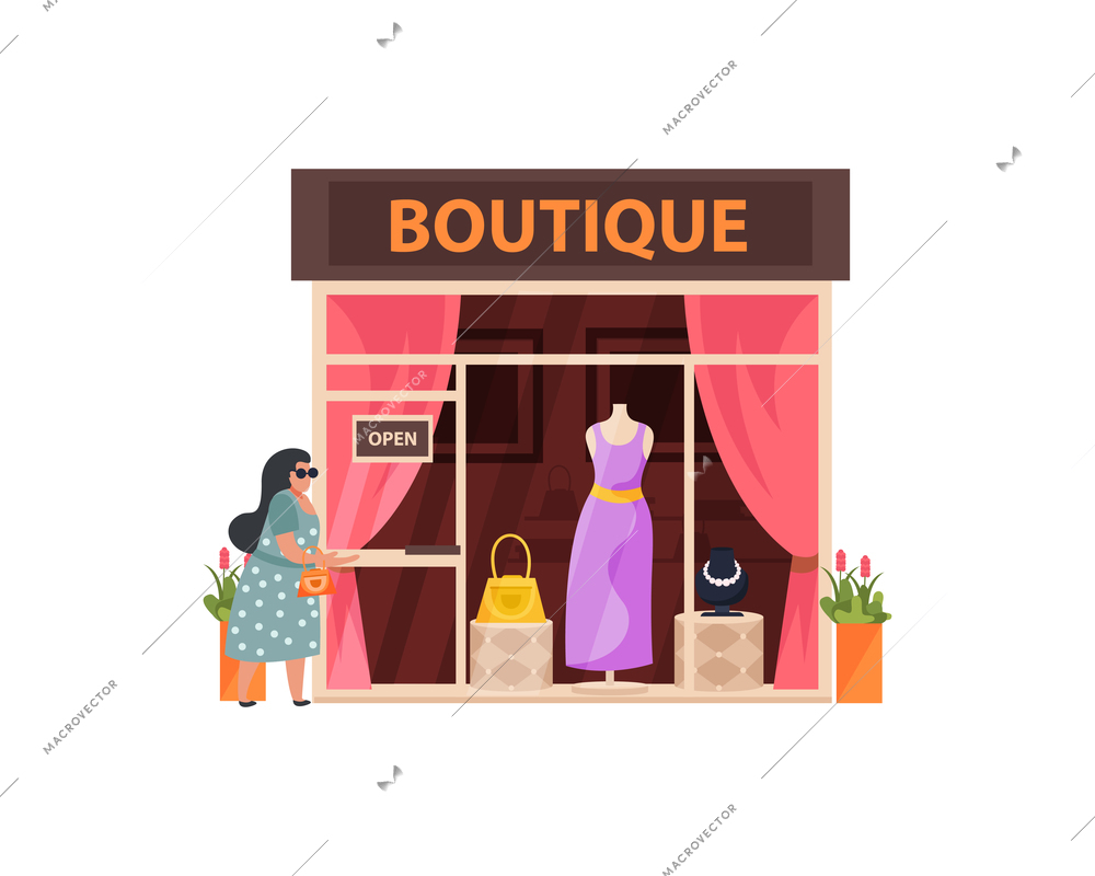 Woman standing next to clothing boutique building on white background flat vector illustration