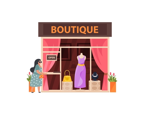 Woman standing next to clothing boutique building on white background flat vector illustration