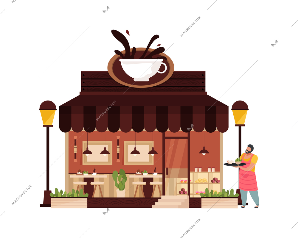 Cafeteria with empty tables and waiter flat vector illustration