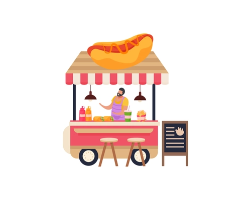 Hot dog stall with man seller flat vector illustration