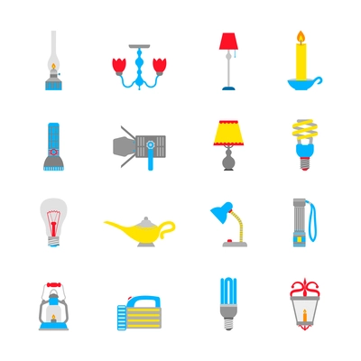 Flashlight and lamps illumination equipment icons flat set isolated vector illustration