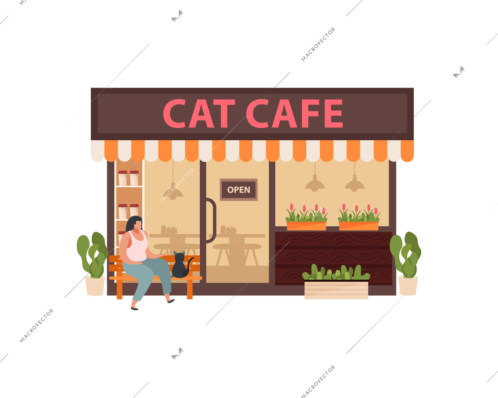 Human character sitting near cat cafe vector illustration
