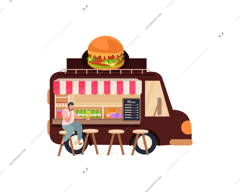 Man drinking beer at street fast food van flat vector illustration