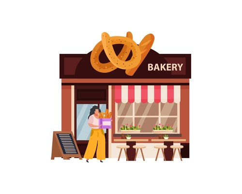 Flat small business concept with bakery building and woman vector illustration