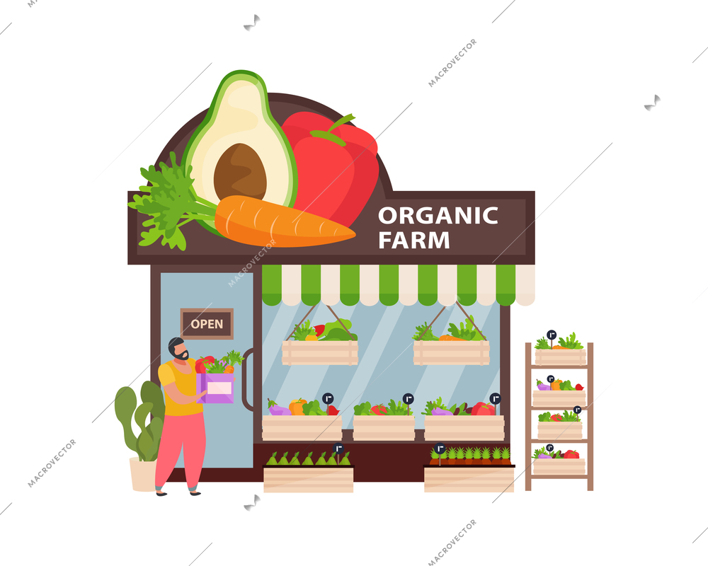 Small business with man and his organic farm shop flat vector illustration