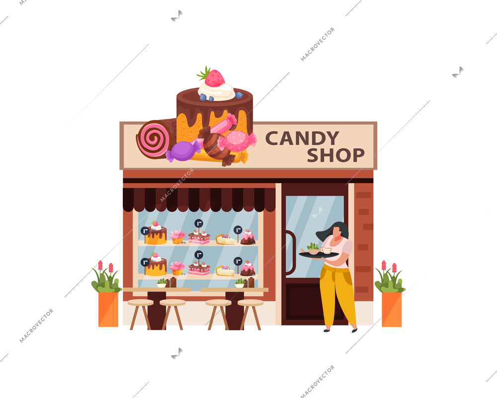 Woman carrying tray to candy shop flat vector illustration