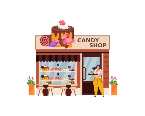 Woman carrying tray to candy shop flat vector illustration