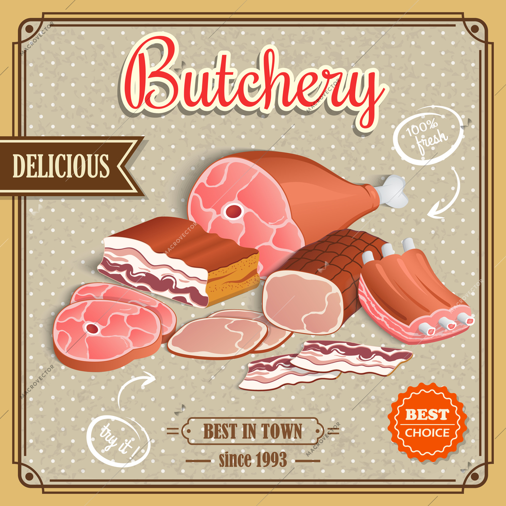 Meat label best choice retro butchery poster vector illustration