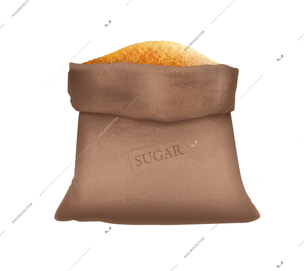 Realistic bag full of brown granulated sugar vector illustration
