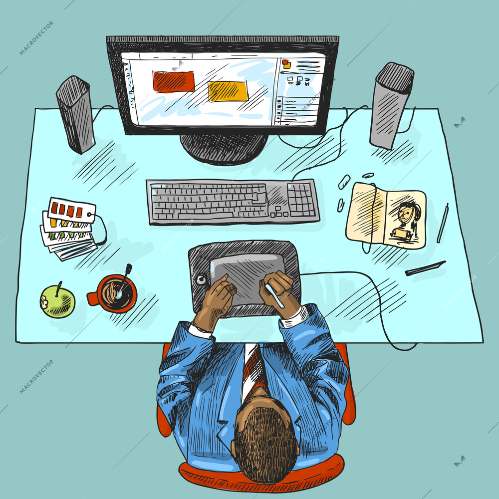 Designer work place tools with man sitting on table top view colored sketch vector illustration