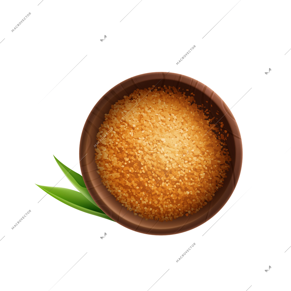 Brown granulated sugar in bowl with leaves realistic vector illustration