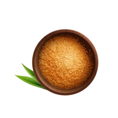 Brown granulated sugar in bowl with leaves realistic vector illustration