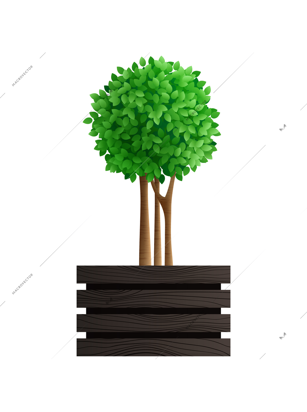 Green garden bush in wooden pot realistic vector illustration