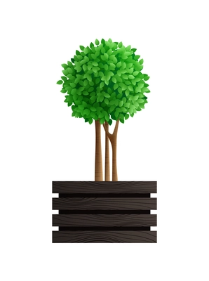 Green garden bush in wooden pot realistic vector illustration
