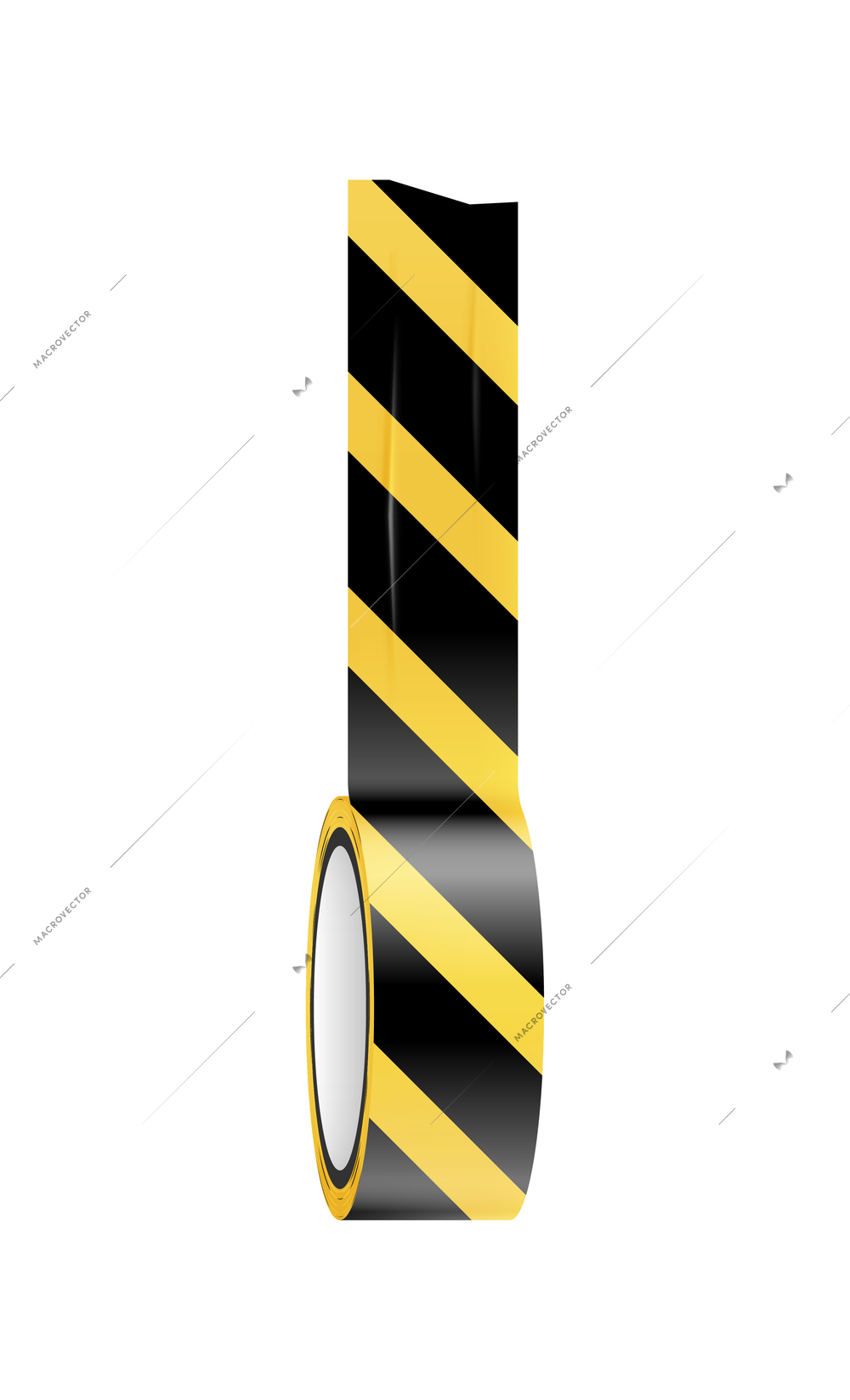 Black and yellow sticky caution tape roll on white background realistic vector illustration