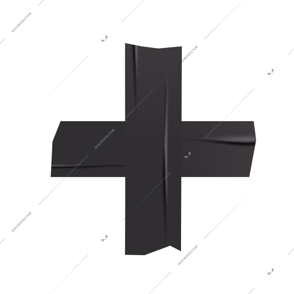 Pieces of black sticky tape in shape of cross on white background realistic vector illustration