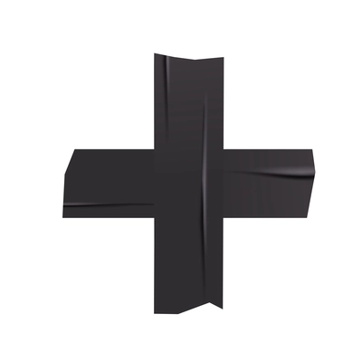 Pieces of black sticky tape in shape of cross on white background realistic vector illustration