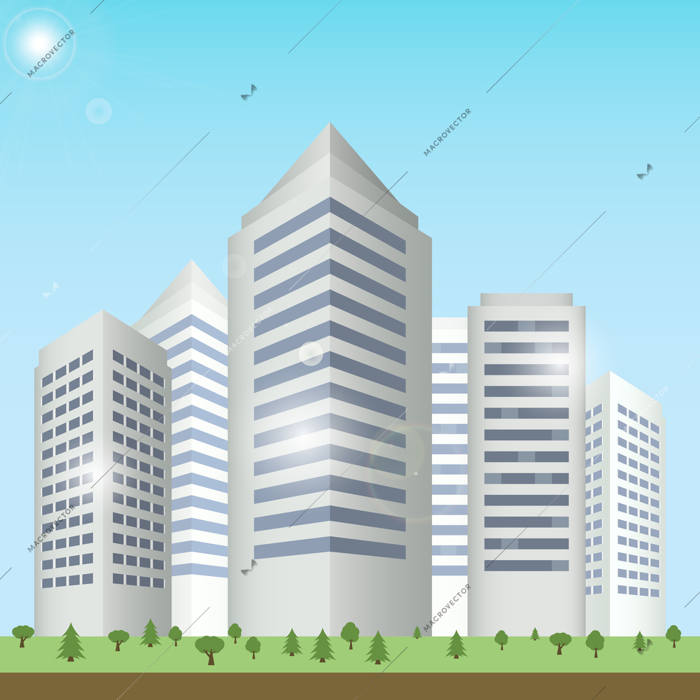 Modern urban building on street cityscape skyline vector illustration.