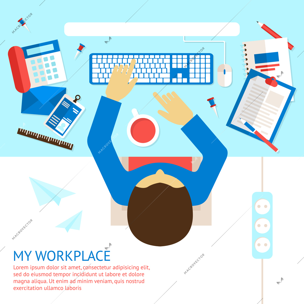 Top view on classic office workplace desk with man employee vector illustration