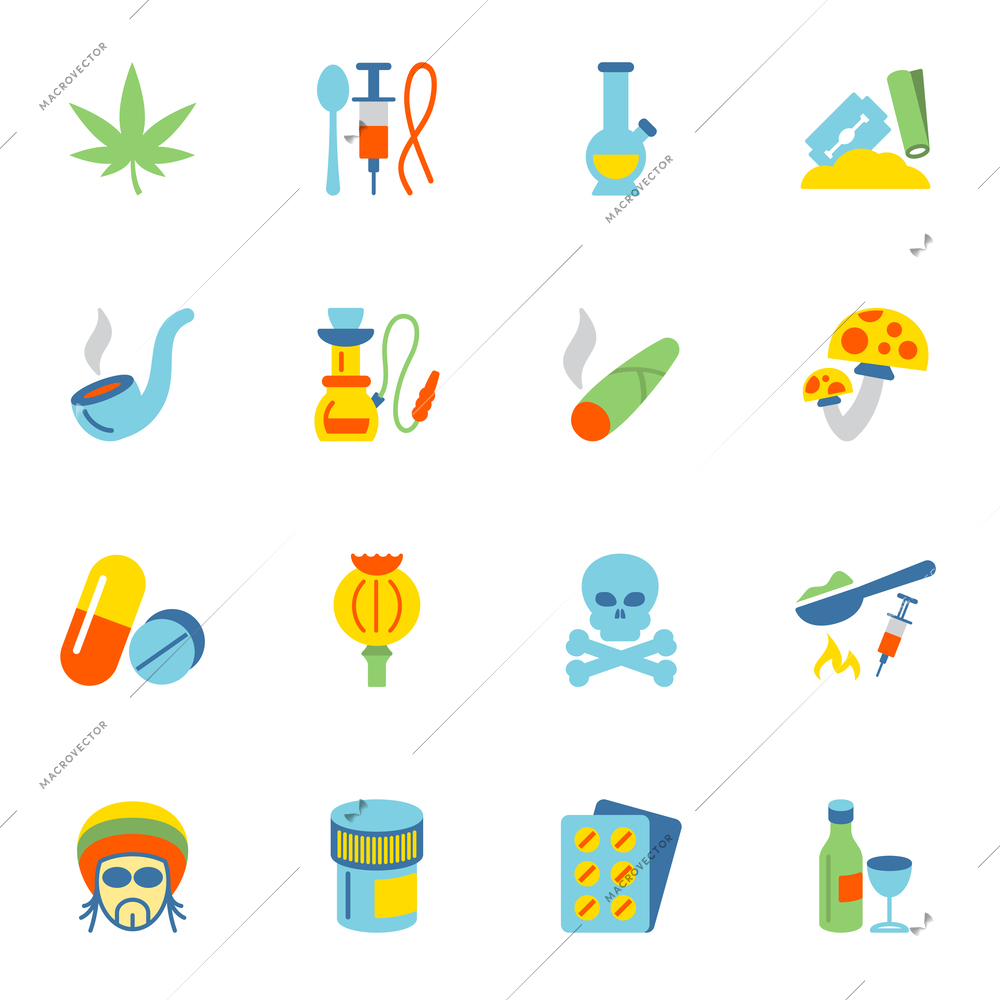 Abuse addictive poison drugs icons flat set isolated vector illustration.