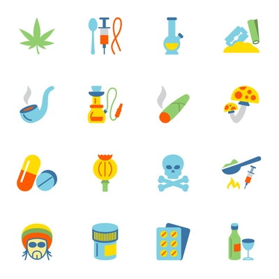 Abuse addictive poison drugs icons flat set isolated vector illustration.