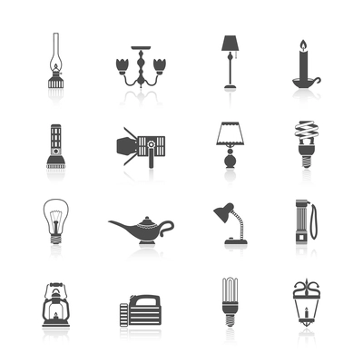 Flashlight and lamps light and illumination equipment icons black set isolated vector illustration