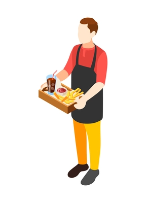 Burger house isometric with waiter character and food vector illustration